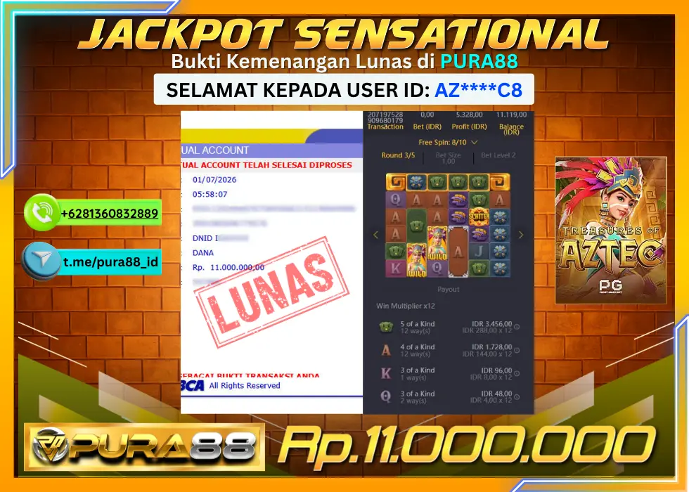 PURA88 JACKPOT TREASURES OF AZTEC Rp 11.000.000,- LUNAS
